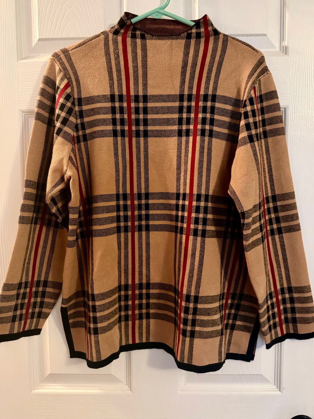 Anne Klein Beige Plaid Mock Neck Sweater with Black & Red Accents